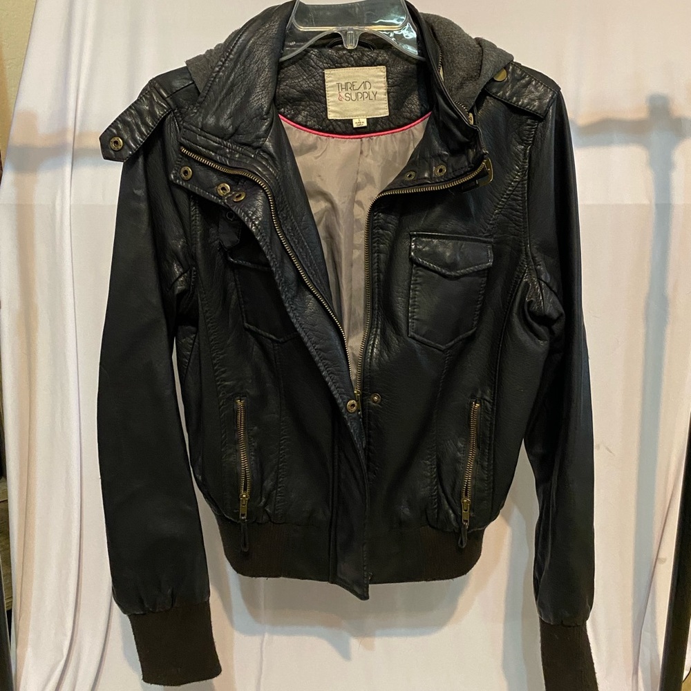 hooded zip up faux leather jacket with hardware